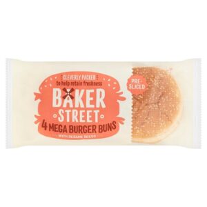 Baker Street 4 Mega Burger Buns with Sesame Seeds Pre-Sliced